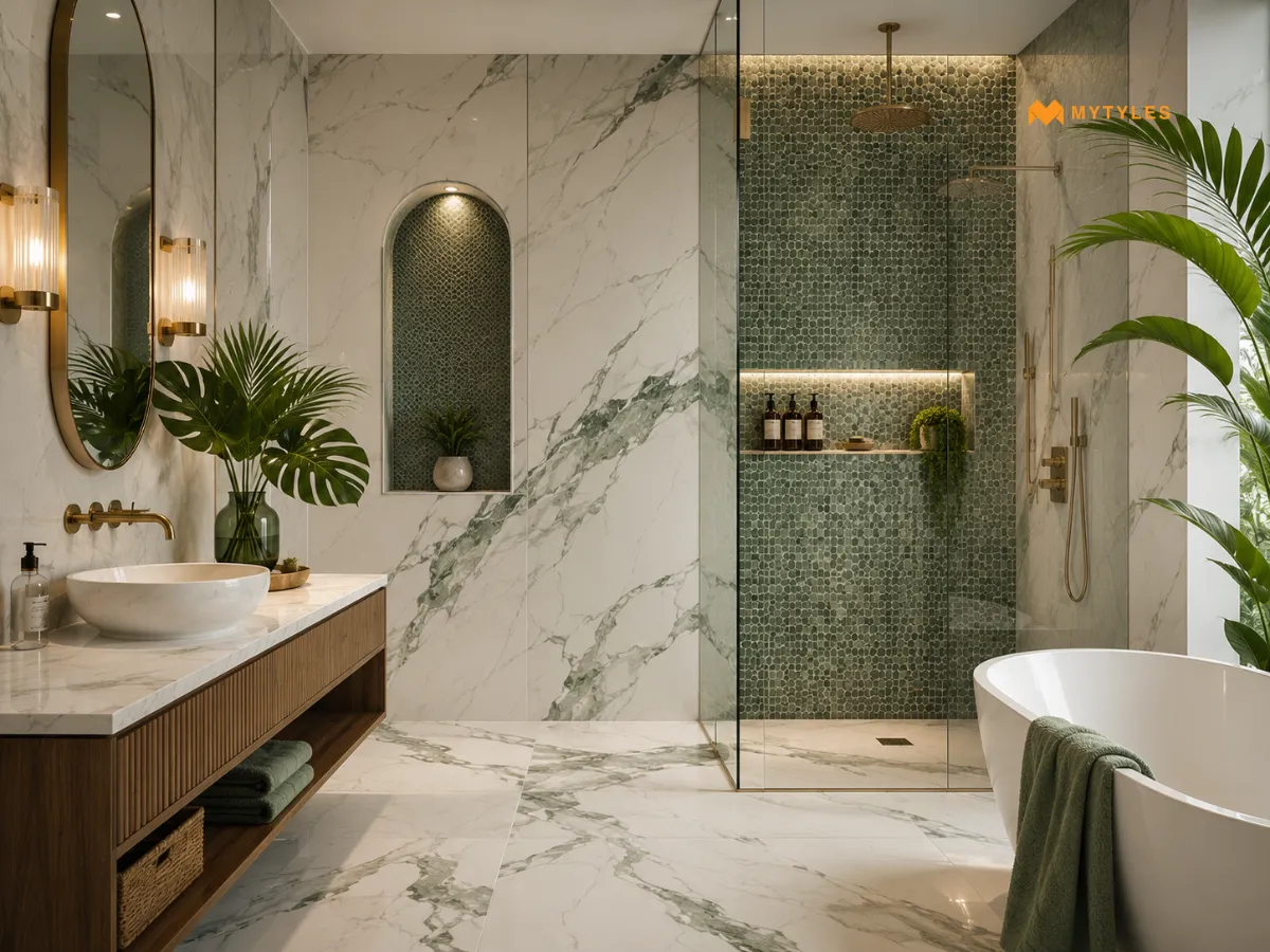 Use Marble-Look Tiles With Green Accents